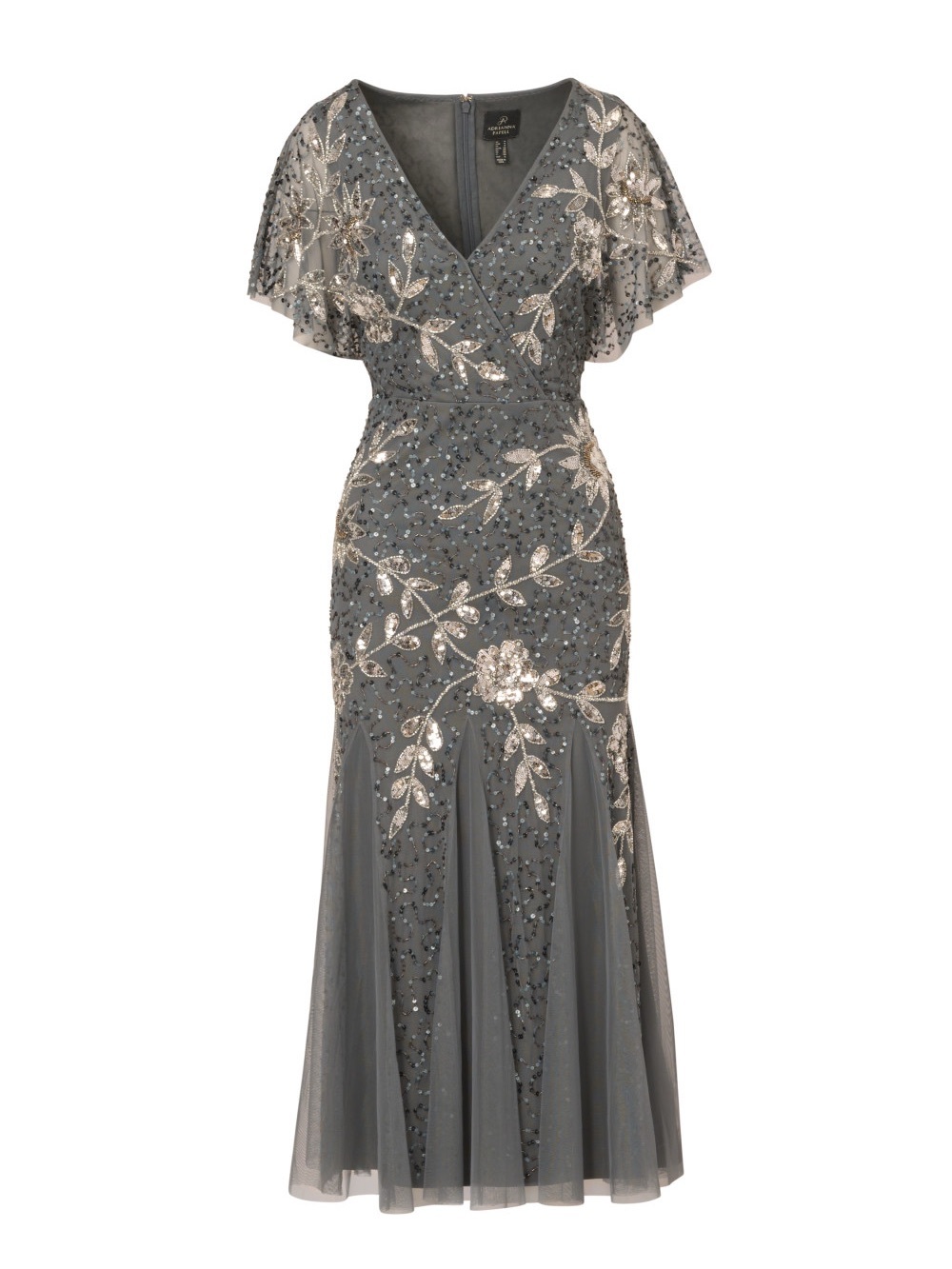 Adrianna Papell NWT SZ 10 Gray Beaded Sequin Midi Dress Flutter Sleeve Metallic
